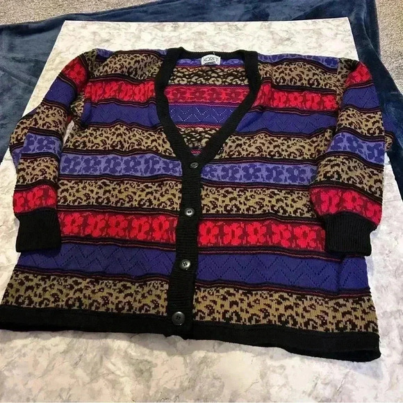 Vintage 80s Koret Muticolored Stripe Button Front Cardigan Shoulder Pads Size L - Picture 1 of 5